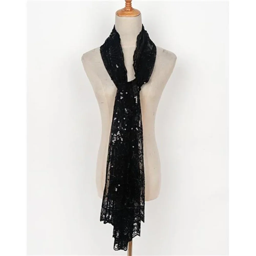 Boho Black Moon & Star‎ Sheer Mesh Sequin Embellished Shawl Wrap Scarf Formal